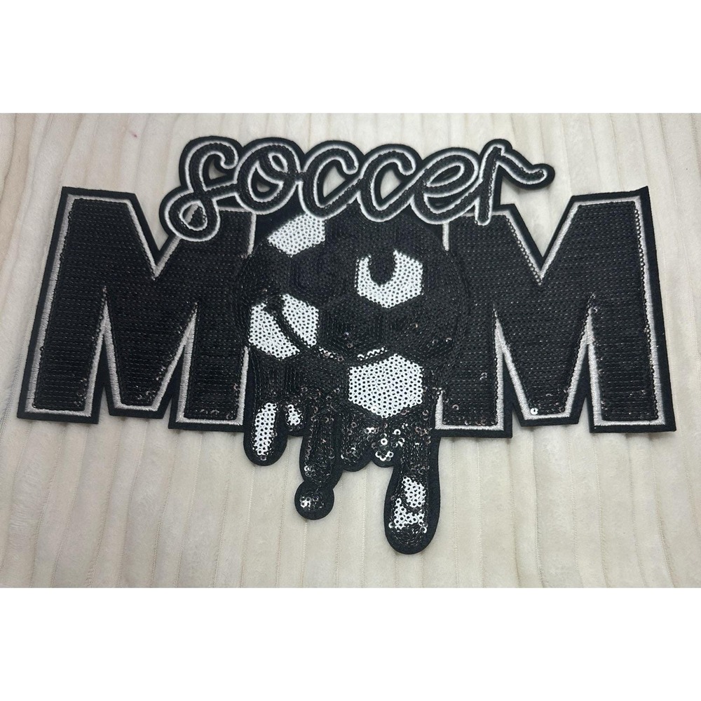 10" X8" Large Soccer Mom Sew-On Sparkling White & Black Sequins Decal /Patch NEW